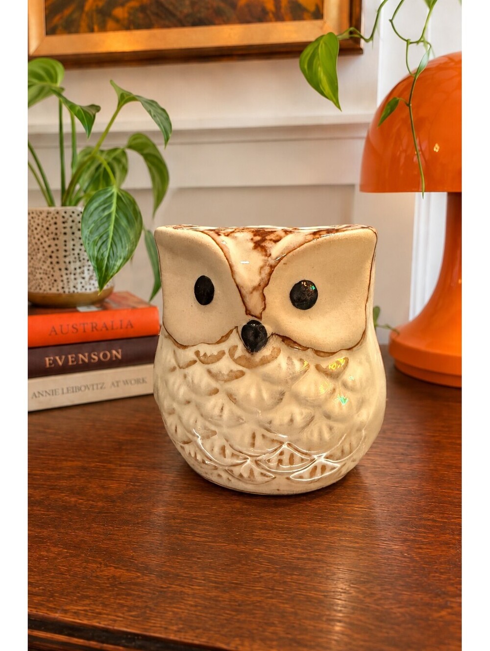 Mini Ceramic Owl Succulent Planter Cream Brown Glaze Drainage Hole 2.5 in